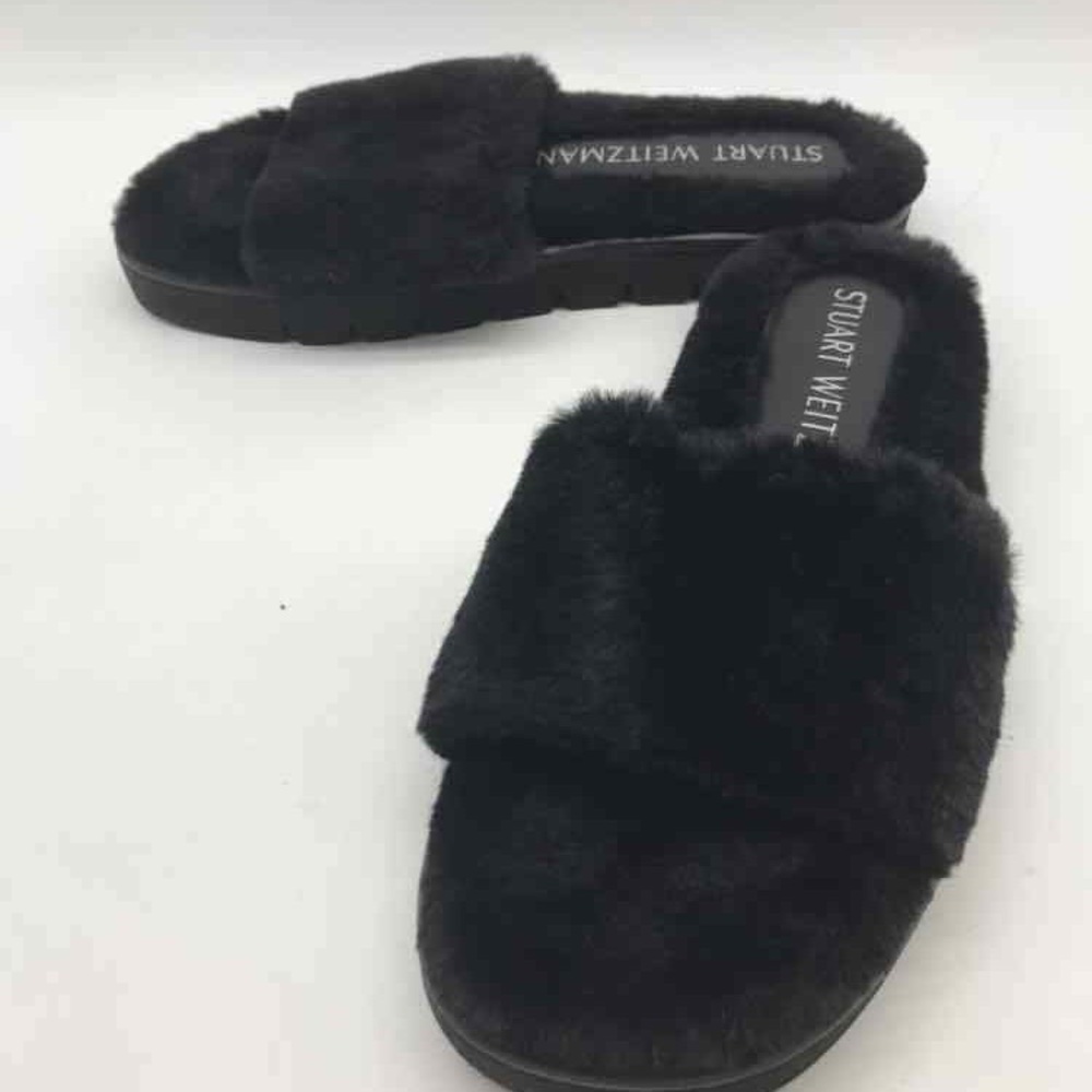 Stuart Weitzman Black Furry Women's Slippers - Picture 2 of 8